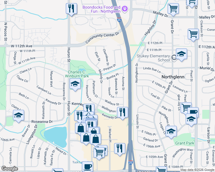 map of restaurants, bars, coffee shops, grocery stores, and more near 10965 Verna Lane in Northglenn