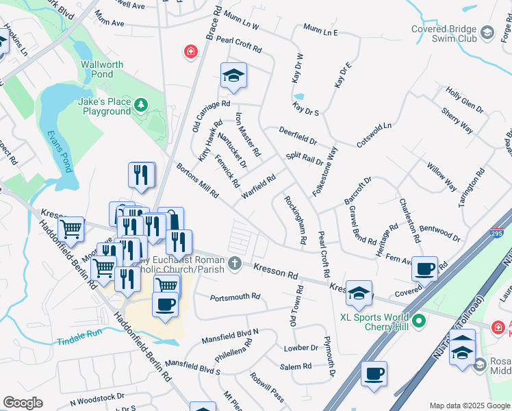 map of restaurants, bars, coffee shops, grocery stores, and more near 336 Bortons Mill Court in Cherry Hill