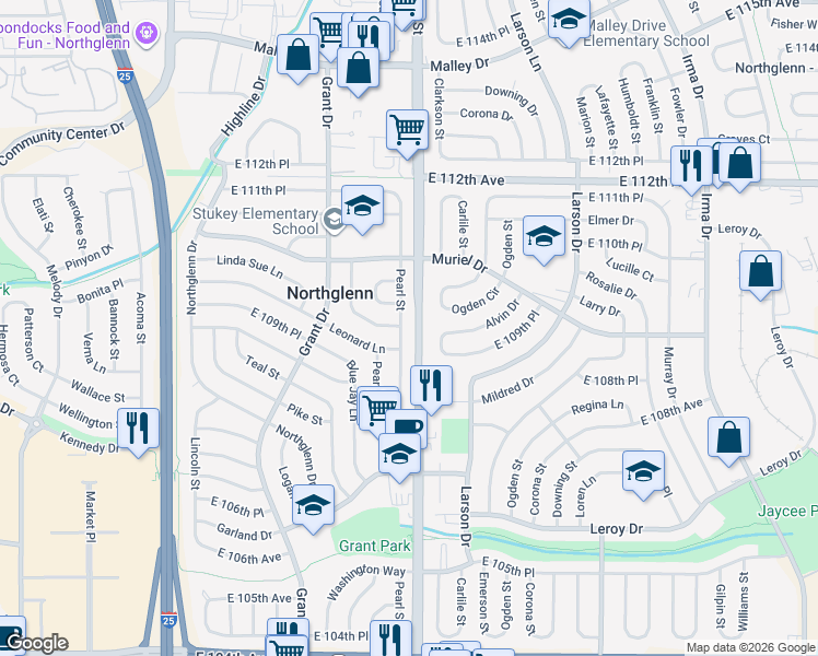 map of restaurants, bars, coffee shops, grocery stores, and more near 10986 Pearl Street in Northglenn