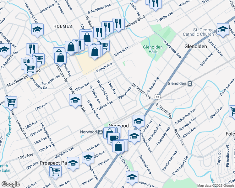 map of restaurants, bars, coffee shops, grocery stores, and more near 209 Leon Avenue in Norwood