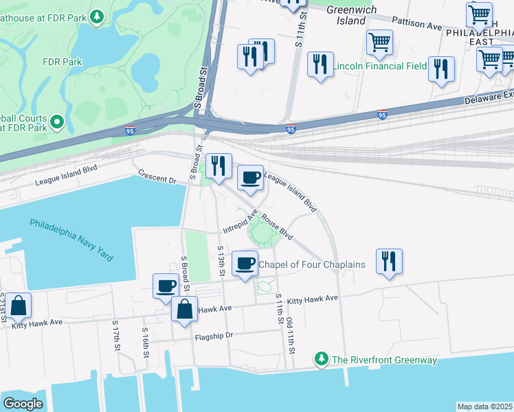 map of restaurants, bars, coffee shops, grocery stores, and more near 1001 Intrepid Avenue in Philadelphia