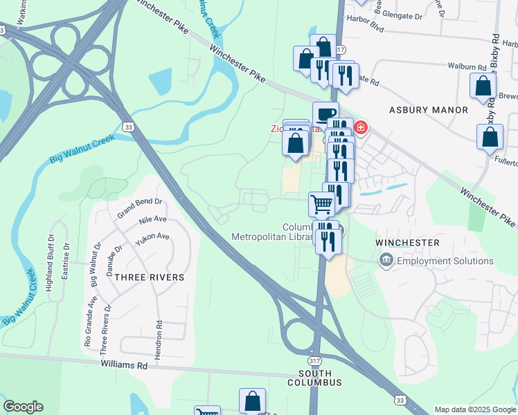 map of restaurants, bars, coffee shops, grocery stores, and more near 3942 Waderidge Trail in Groveport