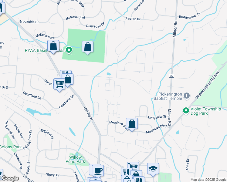 map of restaurants, bars, coffee shops, grocery stores, and more near Jennifer Leanne Circle in Pickerington