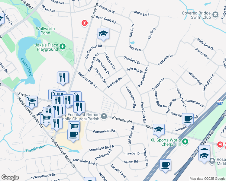 map of restaurants, bars, coffee shops, grocery stores, and more near 336 Bortons Mill Court in Cherry Hill