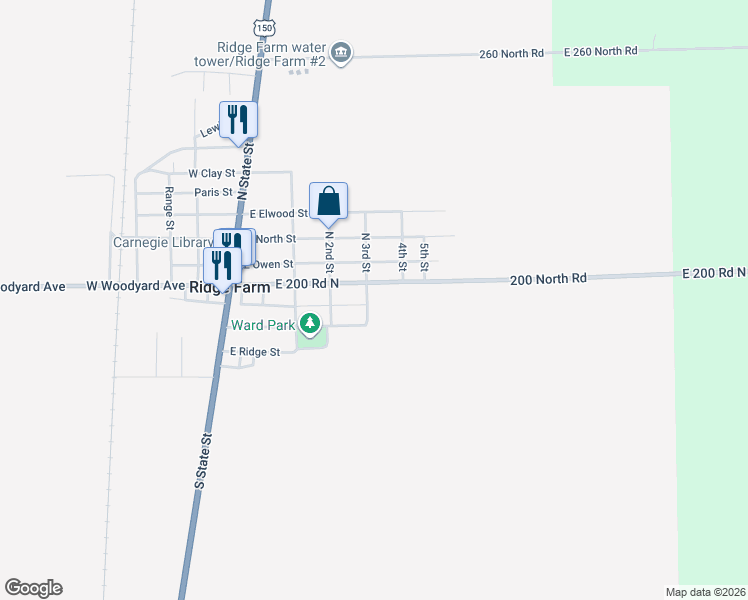 map of restaurants, bars, coffee shops, grocery stores, and more near 200-298 East Woodyard Avenue in Ridge Farm