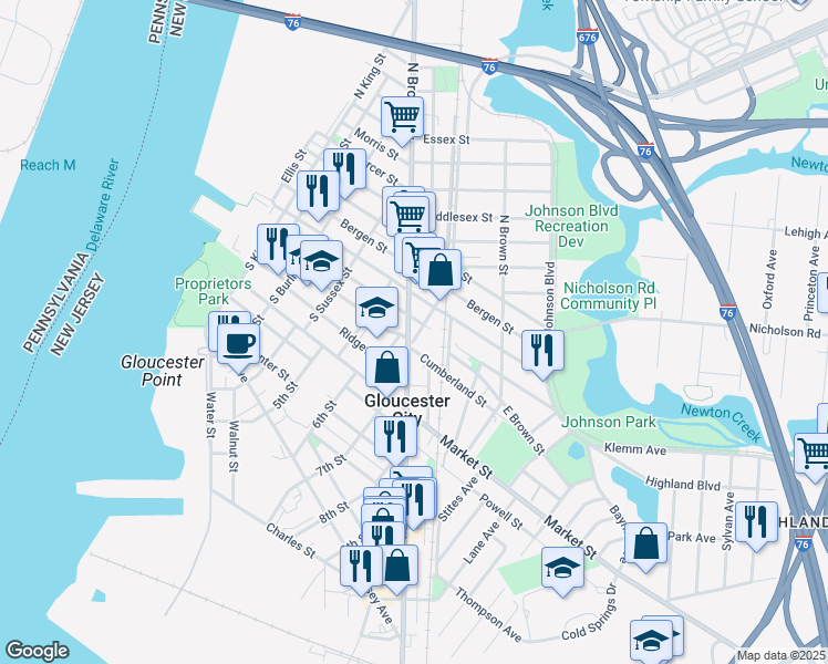 map of restaurants, bars, coffee shops, grocery stores, and more near 30 South Broadway in Gloucester City