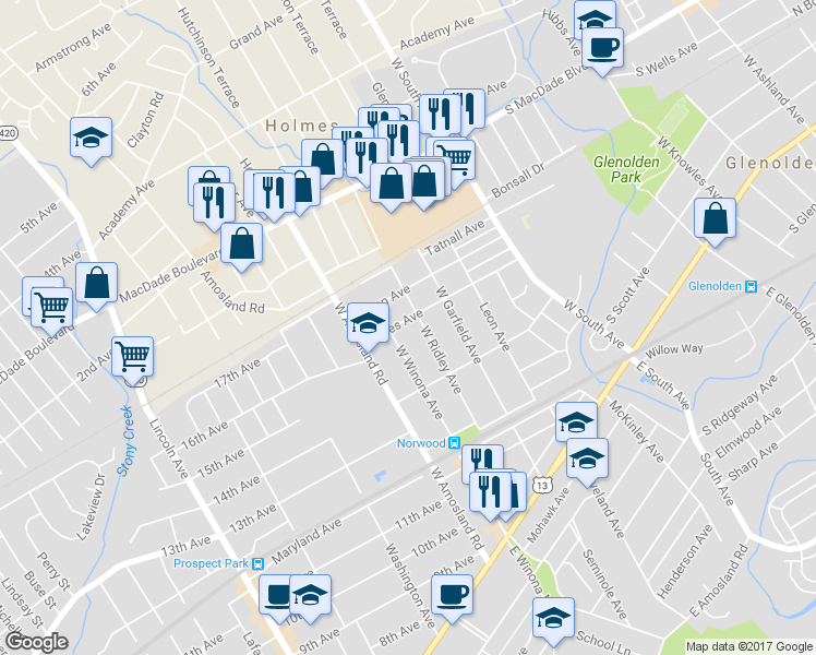 map of restaurants, bars, coffee shops, grocery stores, and more near 402 Trites Avenue in Norwood