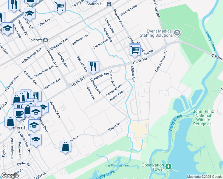 map of restaurants, bars, coffee shops, grocery stores, and more near 1520 Forrester Avenue in Sharon Hill