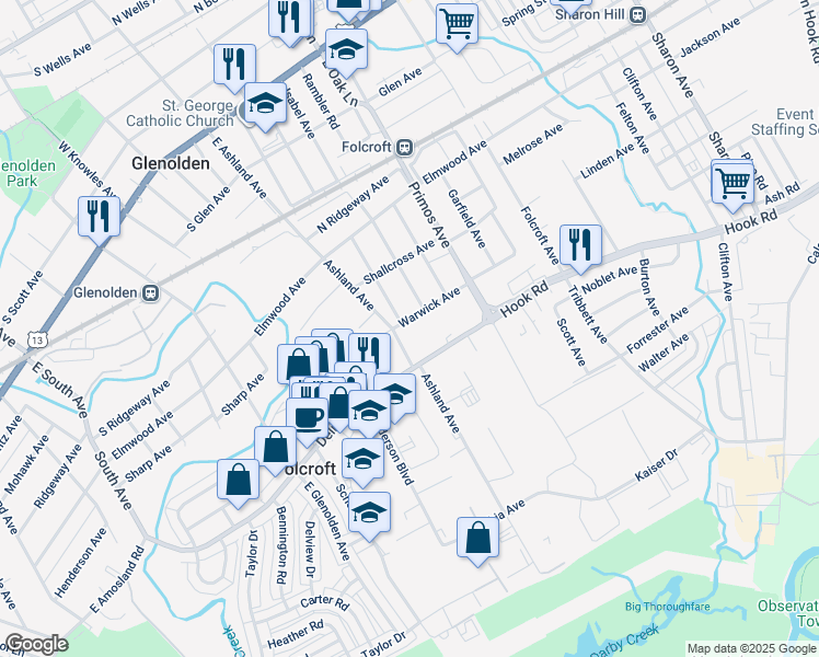 map of restaurants, bars, coffee shops, grocery stores, and more near 1717 Warwick Avenue in Folcroft