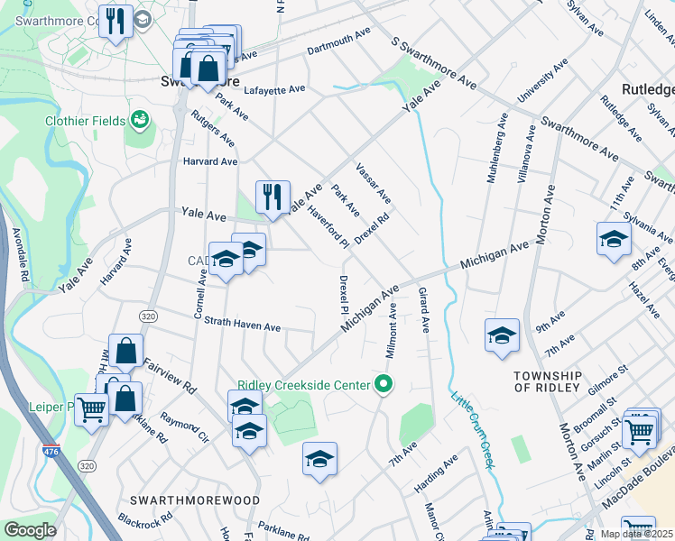 map of restaurants, bars, coffee shops, grocery stores, and more near 410 Drexel Place in Swarthmore