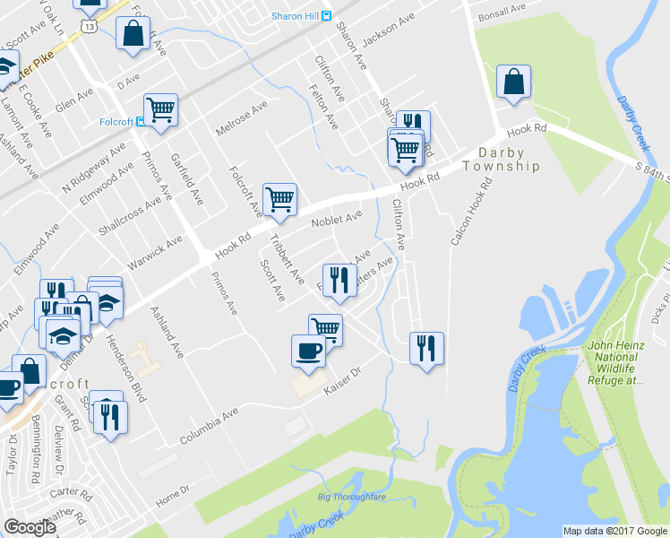 map of restaurants, bars, coffee shops, grocery stores, and more near 1520 Forrester Avenue in Sharon Hill