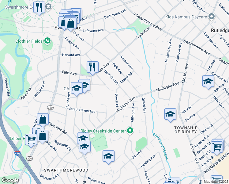 map of restaurants, bars, coffee shops, grocery stores, and more near 410 Drexel Place in Swarthmore