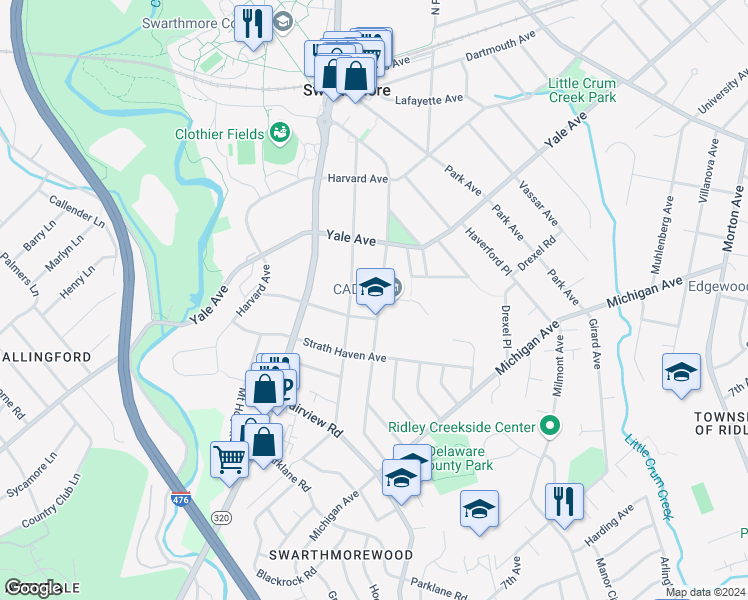 map of restaurants, bars, coffee shops, grocery stores, and more near 326 Rutgers Avenue in Swarthmore