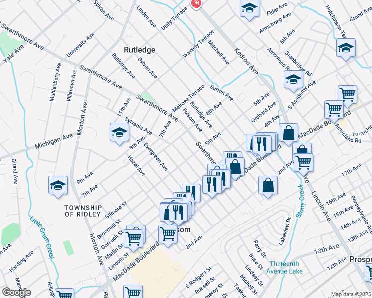 map of restaurants, bars, coffee shops, grocery stores, and more near 513 Ridley Avenue in Folsom