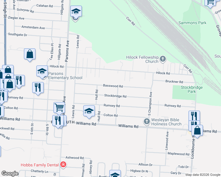 map of restaurants, bars, coffee shops, grocery stores, and more near 590 Basswood Road in Columbus