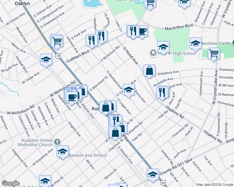 map of restaurants, bars, coffee shops, grocery stores, and more near 115 East Graisbury Avenue in Audubon
