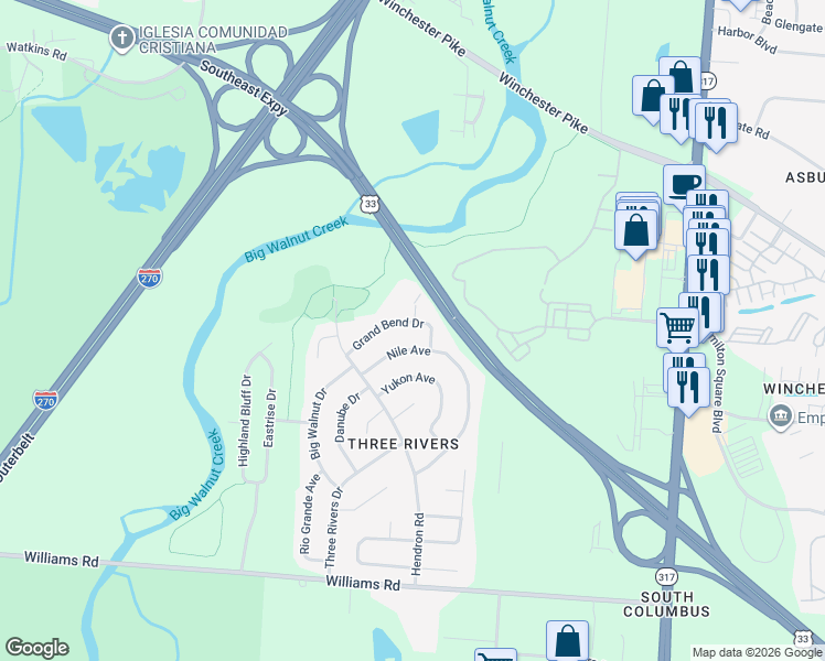map of restaurants, bars, coffee shops, grocery stores, and more near 3975 Grand Bend Drive in Groveport