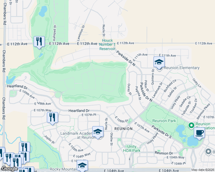 map of restaurants, bars, coffee shops, grocery stores, and more near 16491 Fairway Drive in Commerce City