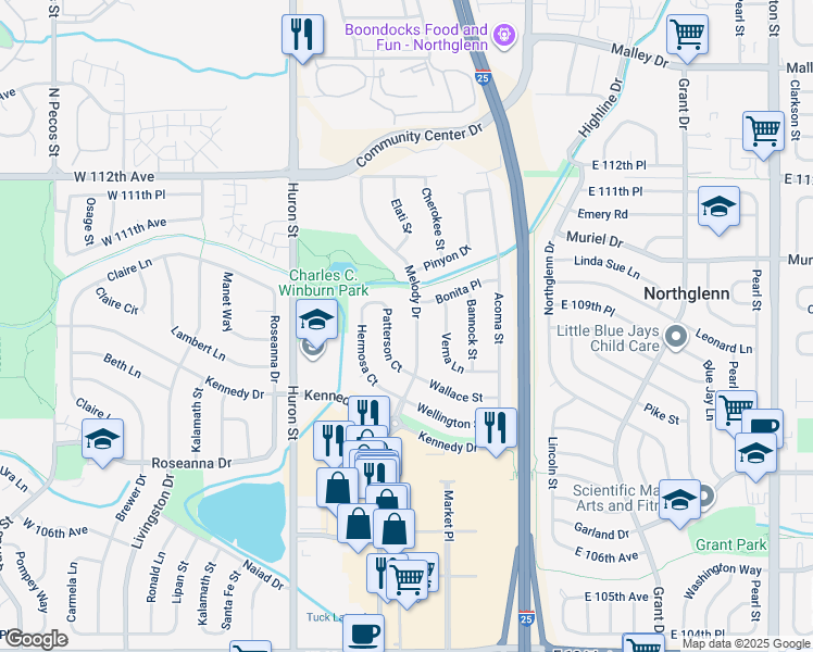 map of restaurants, bars, coffee shops, grocery stores, and more near 10958 Patterson Court in Northglenn