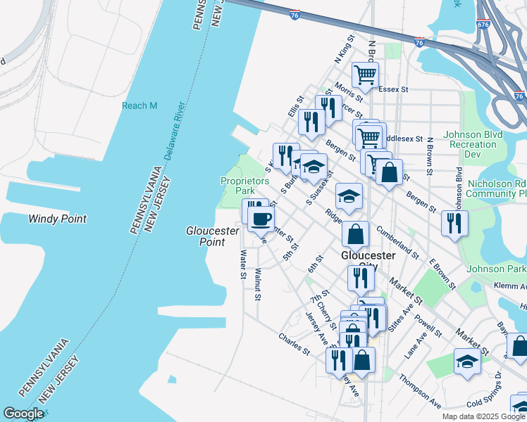map of restaurants, bars, coffee shops, grocery stores, and more near 208 Orange Street in Gloucester City