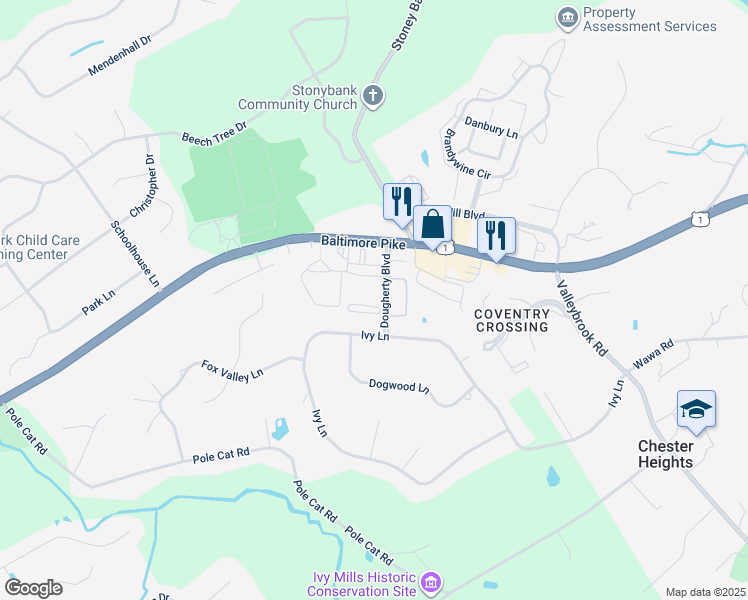 map of restaurants, bars, coffee shops, grocery stores, and more near 12 Dougherty Boulevard in Glen Mills