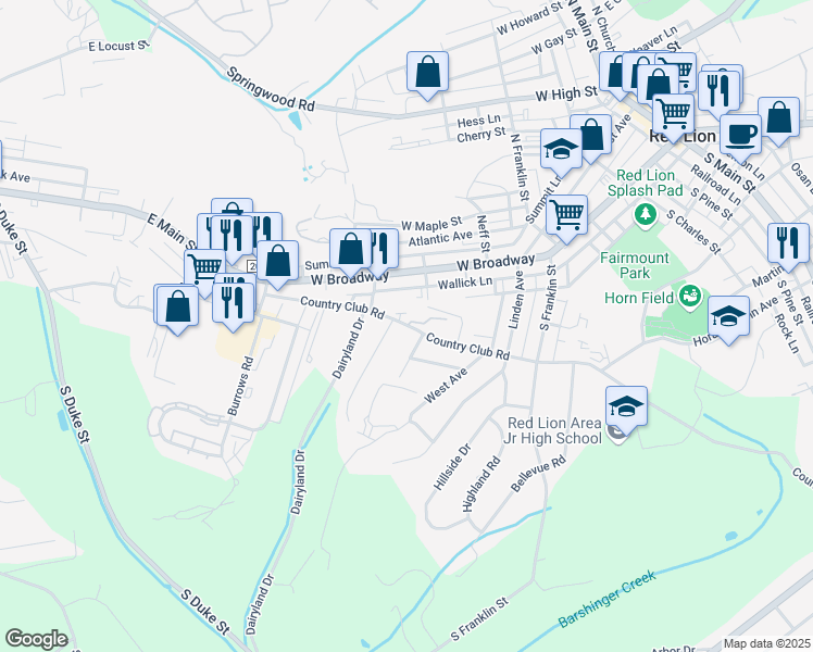 map of restaurants, bars, coffee shops, grocery stores, and more near 703 Country Club Road in Red Lion