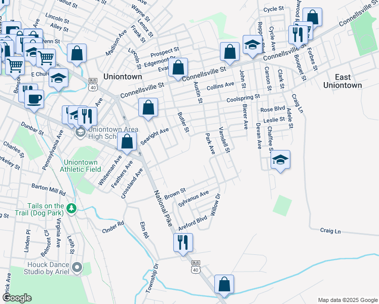 map of restaurants, bars, coffee shops, grocery stores, and more near 79 Carlisle Street in Uniontown