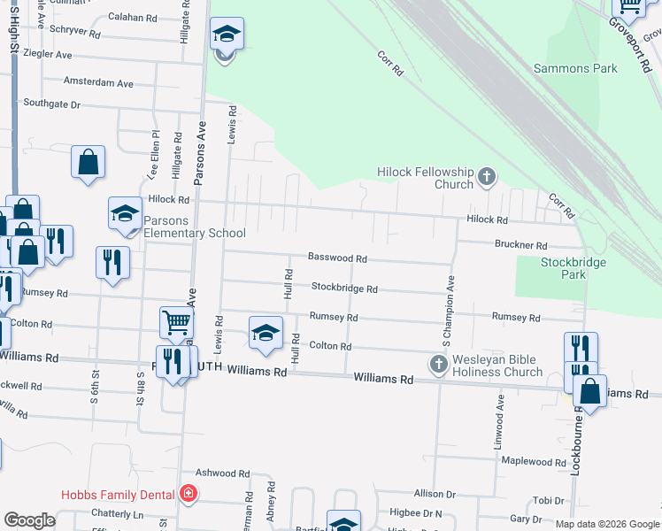 map of restaurants, bars, coffee shops, grocery stores, and more near 590 Basswood Road in Columbus