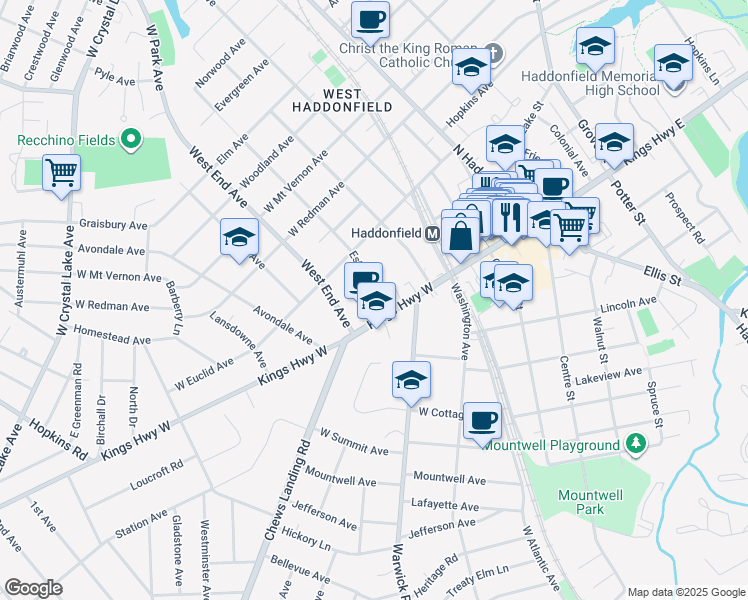 map of restaurants, bars, coffee shops, grocery stores, and more near in Haddonfield