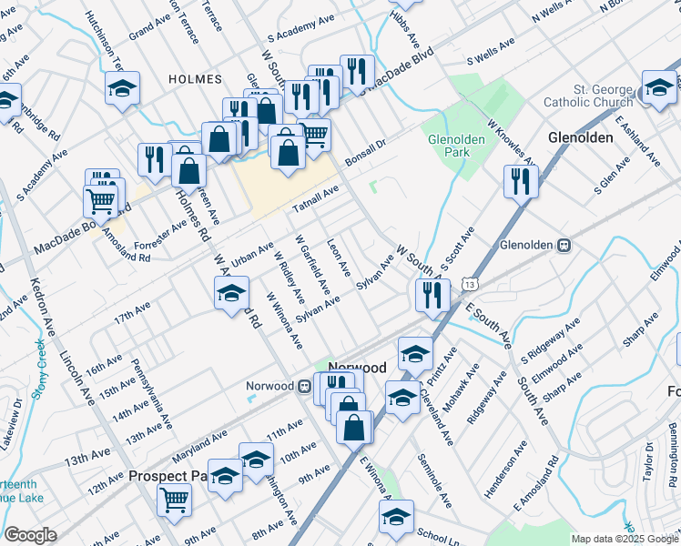 map of restaurants, bars, coffee shops, grocery stores, and more near 218 Leon Avenue in Norwood