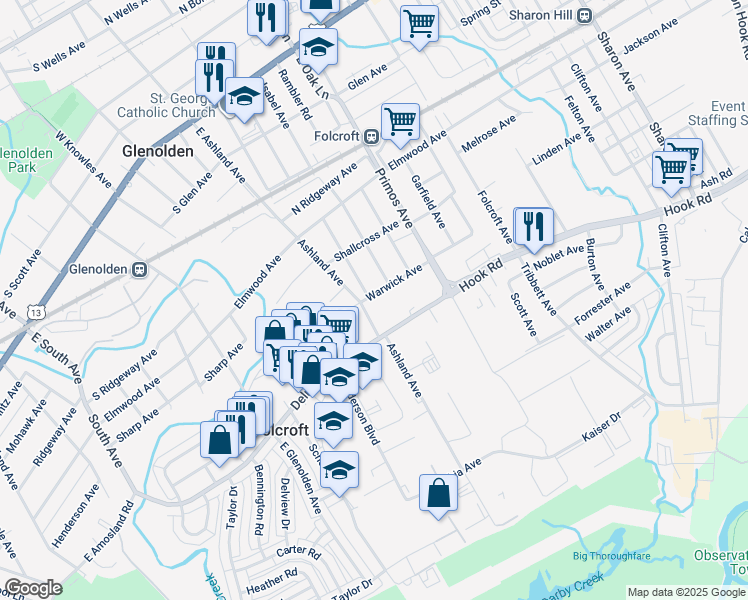 map of restaurants, bars, coffee shops, grocery stores, and more near 1717 Warwick Avenue in Folcroft