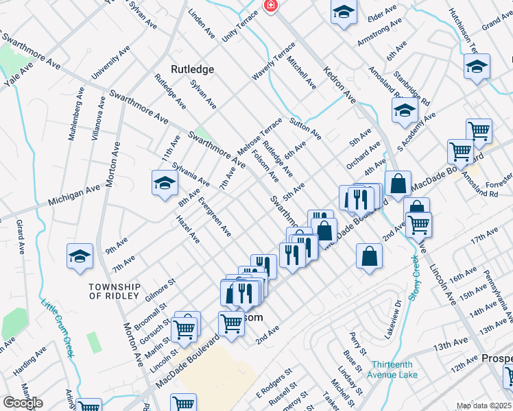 map of restaurants, bars, coffee shops, grocery stores, and more near 513 Ridley Avenue in Folsom