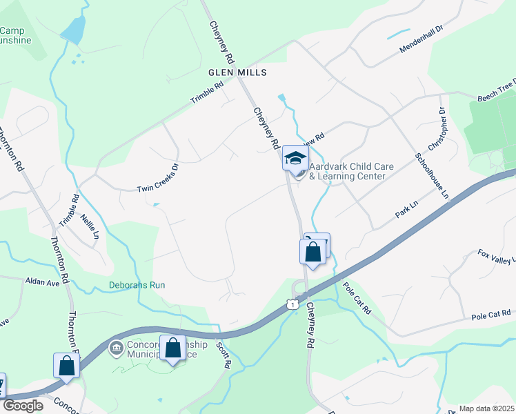 map of restaurants, bars, coffee shops, grocery stores, and more near 38 Governor Markham Drive in Delaware County