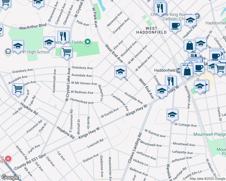 map of restaurants, bars, coffee shops, grocery stores, and more near 218 Avondale Avenue in Haddonfield