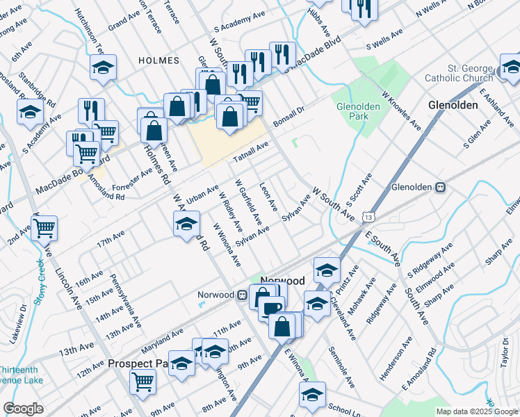 map of restaurants, bars, coffee shops, grocery stores, and more near 225 Garfield Avenue in Norwood