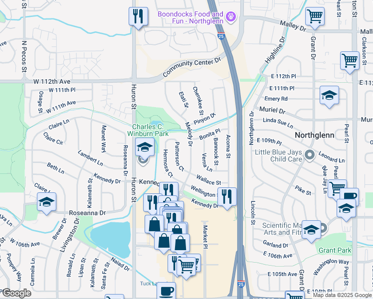 map of restaurants, bars, coffee shops, grocery stores, and more near 10958 Patterson Court in Northglenn
