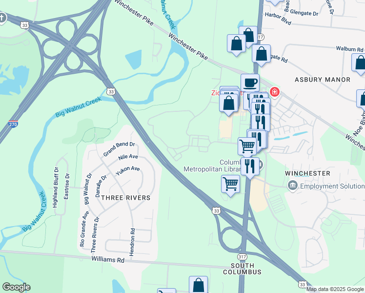 map of restaurants, bars, coffee shops, grocery stores, and more near 4071 Waderidge Trail in Groveport
