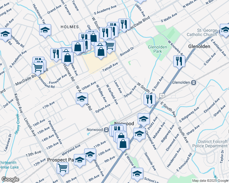 map of restaurants, bars, coffee shops, grocery stores, and more near 225 Garfield Avenue in Norwood