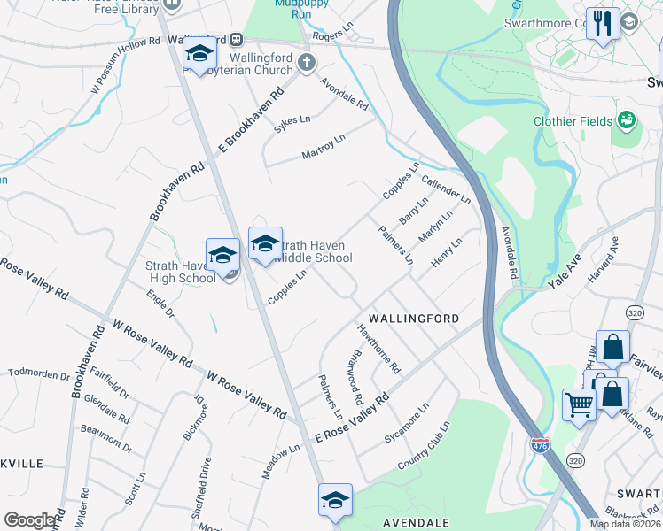 map of restaurants, bars, coffee shops, grocery stores, and more near 202 Copples Lane in Nether Providence Township