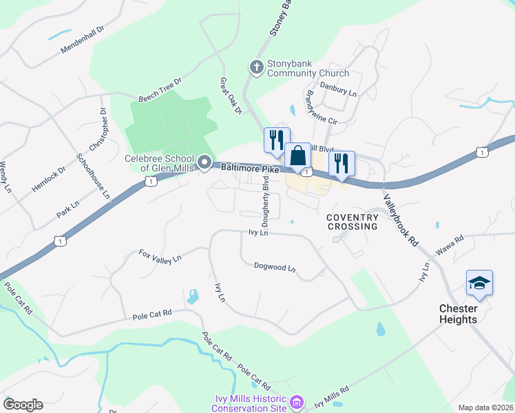 map of restaurants, bars, coffee shops, grocery stores, and more near 12 Dougherty Boulevard in Glen Mills