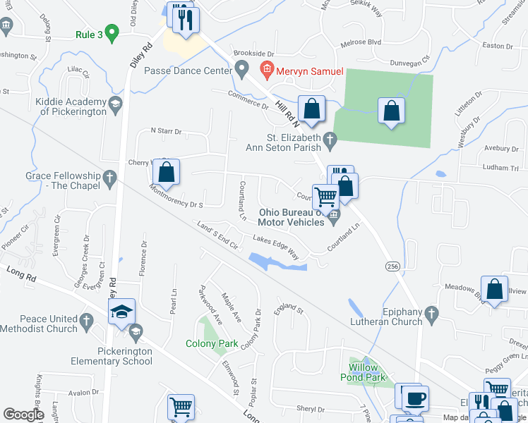 map of restaurants, bars, coffee shops, grocery stores, and more near 523 Warwick Lane in Pickerington