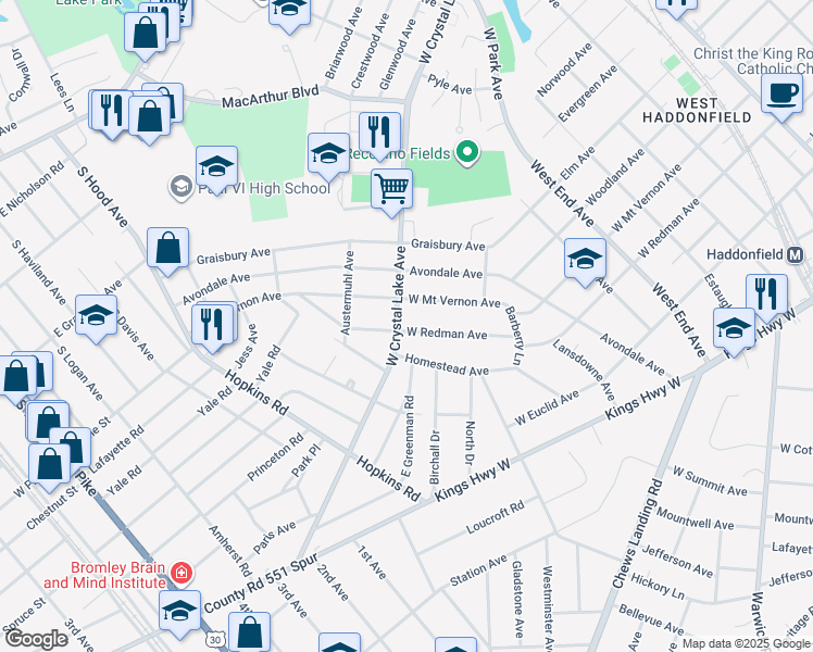map of restaurants, bars, coffee shops, grocery stores, and more near 554 West Crystal Lake Avenue in Haddonfield
