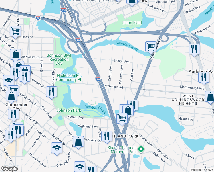 map of restaurants, bars, coffee shops, grocery stores, and more near 229 Nicholson Road in Gloucester City