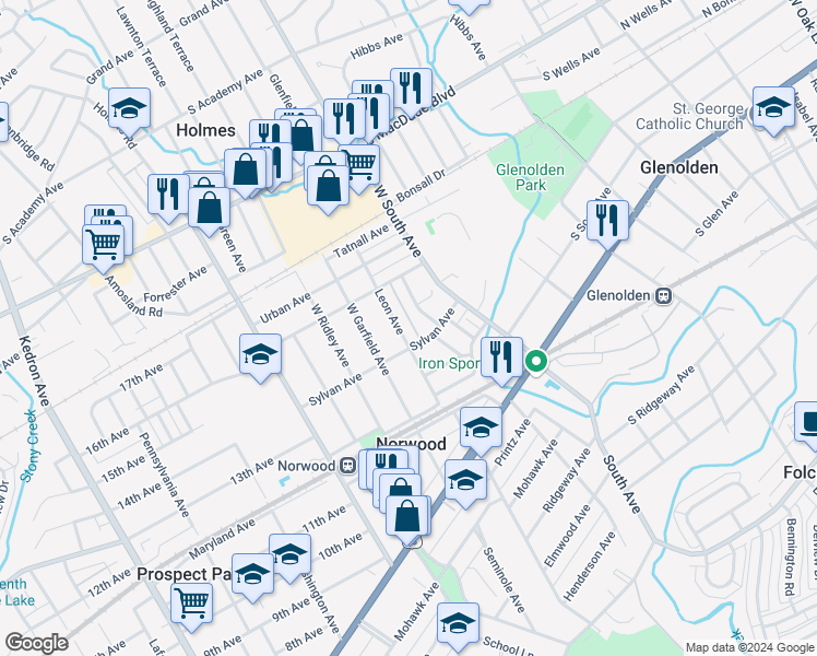 map of restaurants, bars, coffee shops, grocery stores, and more near 211 Leon Avenue in Norwood
