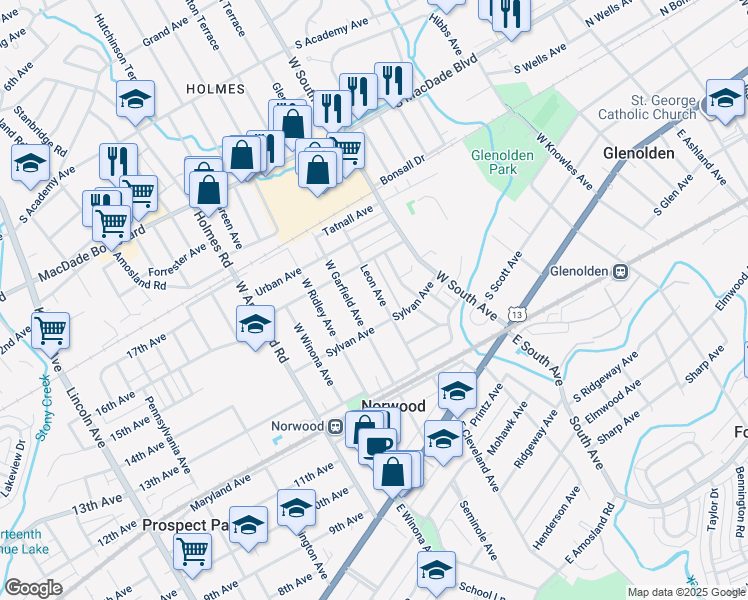 map of restaurants, bars, coffee shops, grocery stores, and more near 220 Leon Avenue in Norwood
