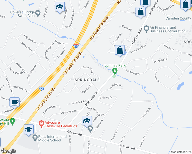 map of restaurants, bars, coffee shops, grocery stores, and more near 23 Teak Court in Cherry Hill