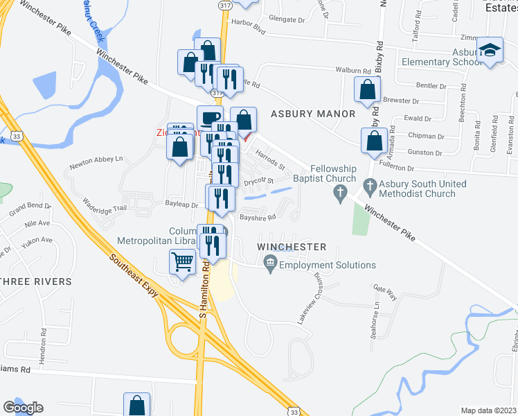 map of restaurants, bars, coffee shops, grocery stores, and more near 4436 Earlsfield Loop in Groveport