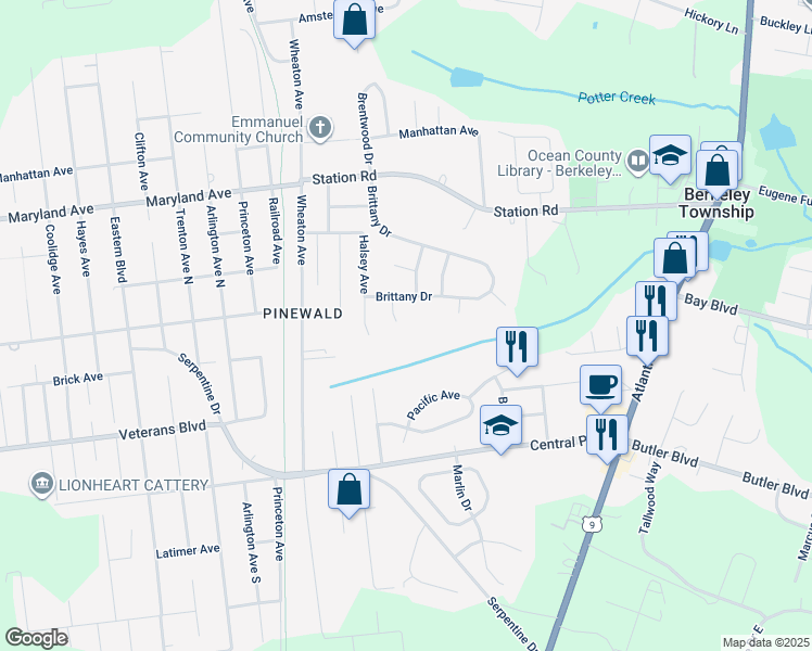 map of restaurants, bars, coffee shops, grocery stores, and more near 5 Overlook Court in Berkeley Township