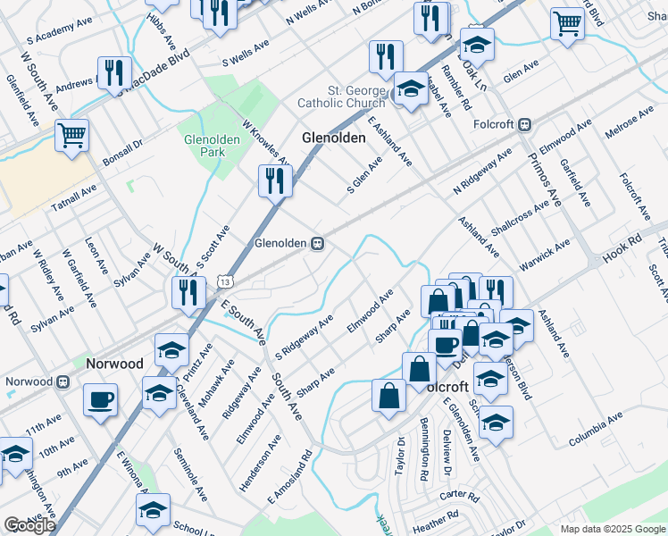map of restaurants, bars, coffee shops, grocery stores, and more near in Glenolden