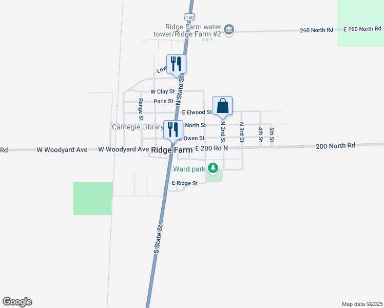 map of restaurants, bars, coffee shops, grocery stores, and more near 8 East West in Ridge Farm